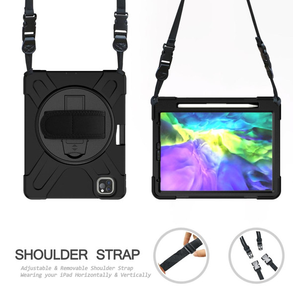 iPad Air 10.9 / Pro 11 2021 / 2020 / 2018 360 Degree Rotation Silicone Protective Cover with Holder & Hand Strap & Long Strap & Pencil Slot(Black)