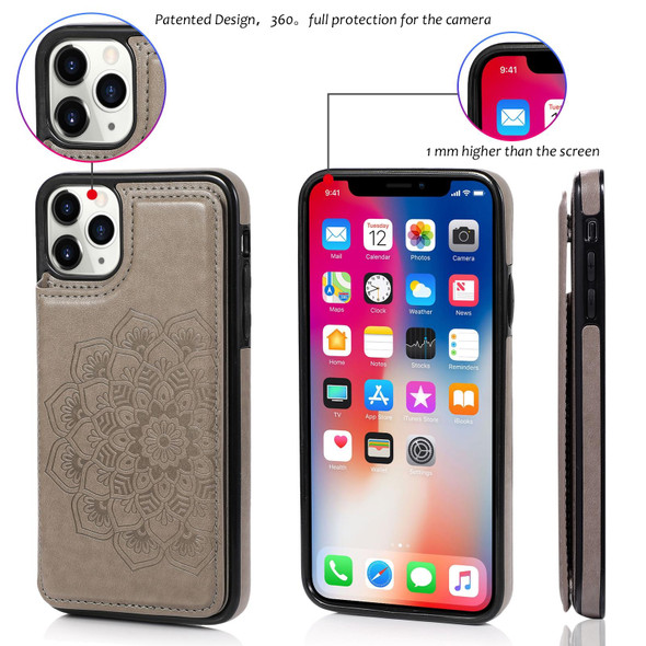 Double Buckle Mandala Pattern PU+TPU Protective Case with Card Slots & Holder & Photo Frame - iPhone 11 Pro Max(Grey)