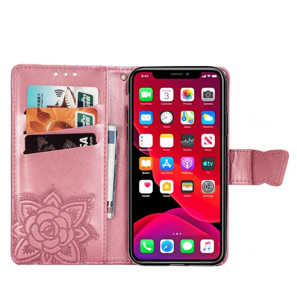 Butterfly Love Flowers Embossing Horizontal Flip Leatherette Case -  iPhone 11 Pro Max  with Holder & Card Slots & Wallet & Lanyard(Pink)