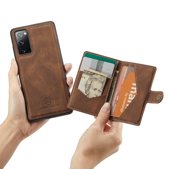 Samsung Galaxy S20 FE JEEHOOD Retro Magnetic Detachable Protective Case with Wallet & Card Slot & Holder(Brown)