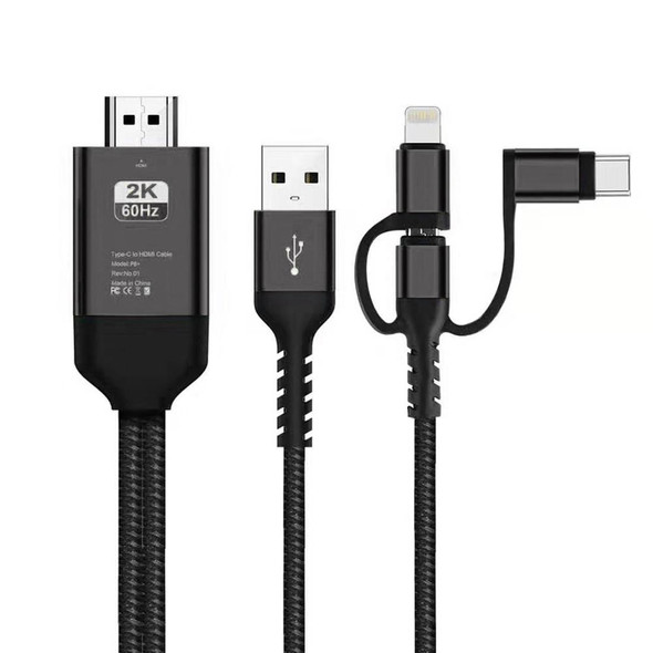 3 in 1 Micro USB + USB-C / Type-C + 8 Pin to HDMI HDTV Cable(Black)