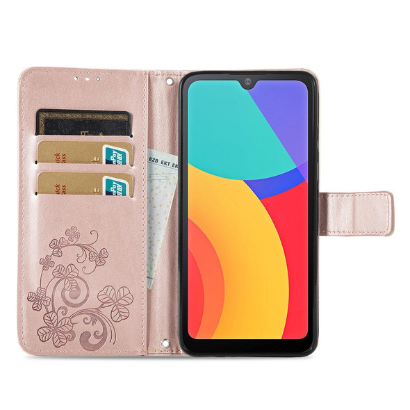 Alcatel 1L 2021 Four-leaf Clasp Embossed Buckle Mobile Phone Protection Leatherette Case with Lanyard & Card Slot & Wallet & Bracket Function(Rose Gold)