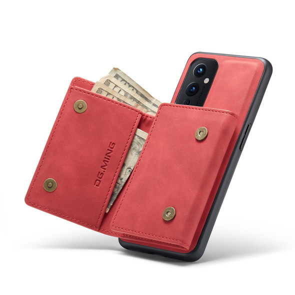 OnePlus 9 (EU/NA) DG.MING M1 Series 3-Fold Multi Card Wallet + Magnetic Back Cover Shockproof Case with Holder Function(Red)