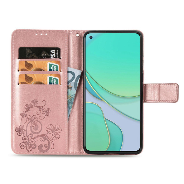 OnePlus 8T Four-leaf Clasp Embossed Buckle Mobile Phone Protection Leather Case with Lanyard & Card Slot & Wallet & Bracket Function(Rose Gold)