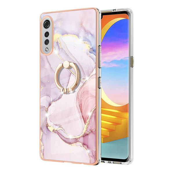 LG Velvet 4G & 5G / G9 Velvet Electroplating Marble Pattern IMD TPU Shockproof Case with Ring Holder(Rose Gold 005)