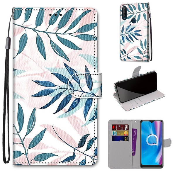 Alcatel 1SE (2020) Coloured Drawing Cross Texture Horizontal Flip PU Leatherette Case with Holder & Card Slots & Wallet & Lanyard(Pink Green Leaf)