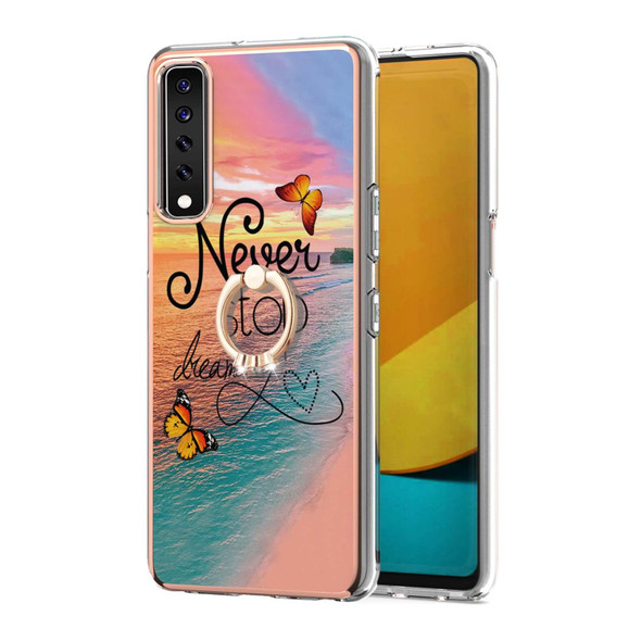 LG Stylo 7 4G Electroplating Pattern IMD TPU Shockproof Case with Rhinestone Ring Holder(Dream Chasing Butterfly)