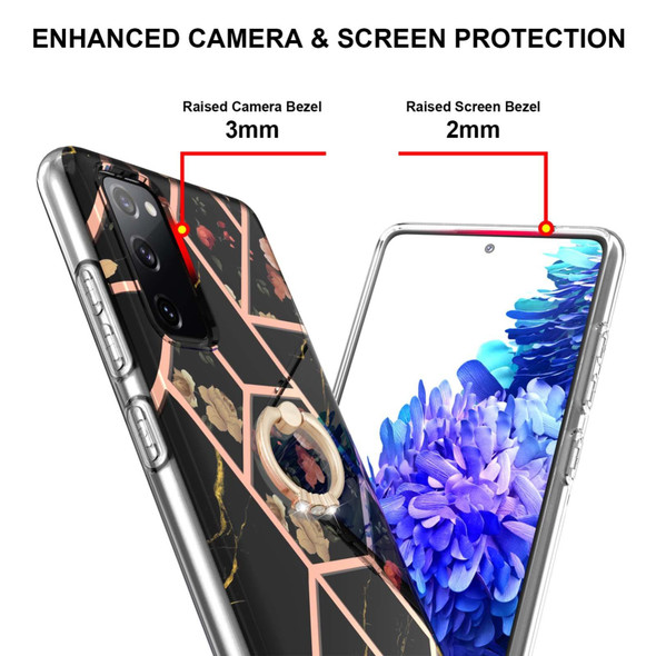 Samsung Galaxy S20 FE / S20 Lite Electroplating Splicing Marble Flower Pattern TPU Shockproof Case with Rhinestone Ring Holder(Black Flower)