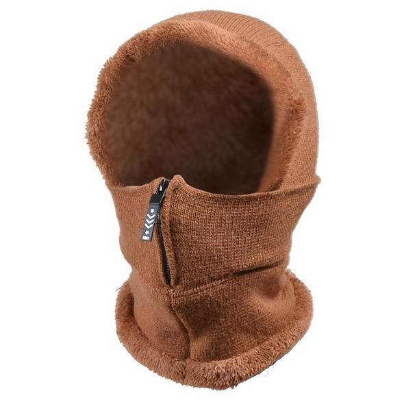 Knit Ear Protection Plus Velvet Thickening One-piece Hat Scarf Face Mask(Caramel)