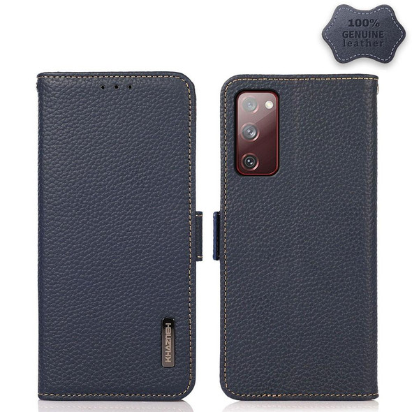 Samsung Galaxy S20 FE KHAZNEH Side-Magnetic Litchi Genuine Leather RFID Phone Case(Blue)