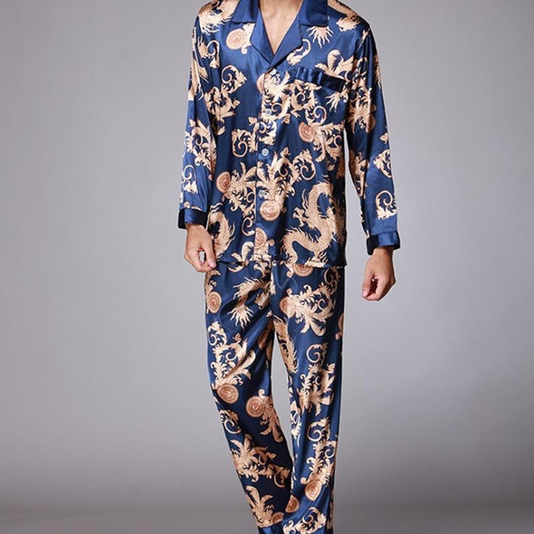 Men Long Sleeve Pajamas Set (Color:Blue Size:XXL)