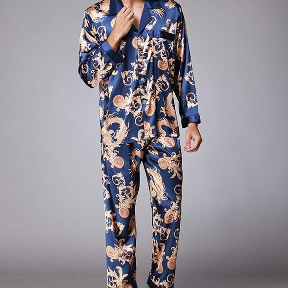 Men Long Sleeve Pajamas Set (Color:Blue Size:XXL)