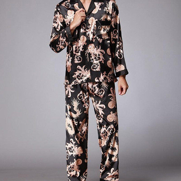 Men Long Sleeve Pajamas Set (Color:Black Size:XXL)