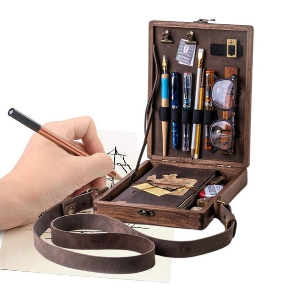 Multifunctional Artist Writer Brush Tool Storage Wooden Box(Khaki)
