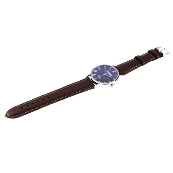 Luminous Round Dial Retro Digital Display Men Quartz Watch with PU Leather Band (Brown + Blue)