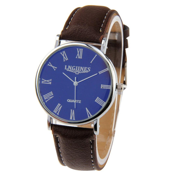 Luminous Round Dial Retro Digital Display Men Quartz Watch with PU Leather Band (Brown + Blue)