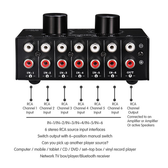 B016 6 Input 1 Output Audio Signal Source Selection Switcher, Output Volume Adjustment Control RCA Port