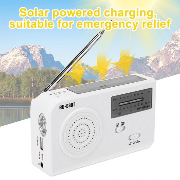 RD-638T Two-band Solar Powered AM / FM Radio Player Flashlight with Dynamo Function(White)