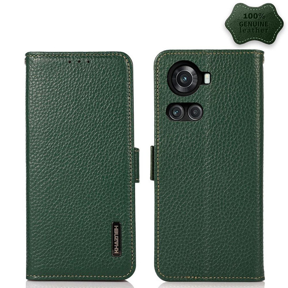 OnePlus 10R / Ace KHAZNEH Side-Magnetic Litchi Genuine Leather RFID Phone Case(Green)