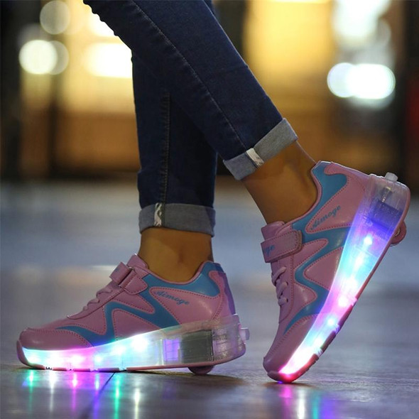 786 LED Light Ultra Light Rechargeable Double Wheel Roller Skating Shoes Sport Shoes, Size : 29(Pink)