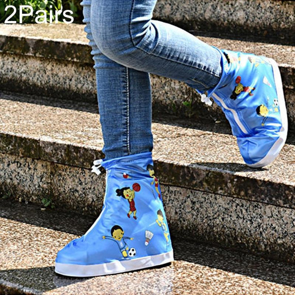 2 Pairs 905-A Children Rainy Day Cartoon Pattern Waterproof Shoe Cover(Blue Sports XXL)