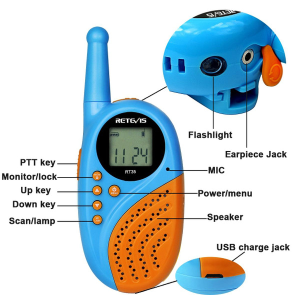 1 Pair RETEVIS RT35 0.5W US Frequency 462.550-467.7125MHz 22CH Handheld Children Walkie Talkie(Blue)