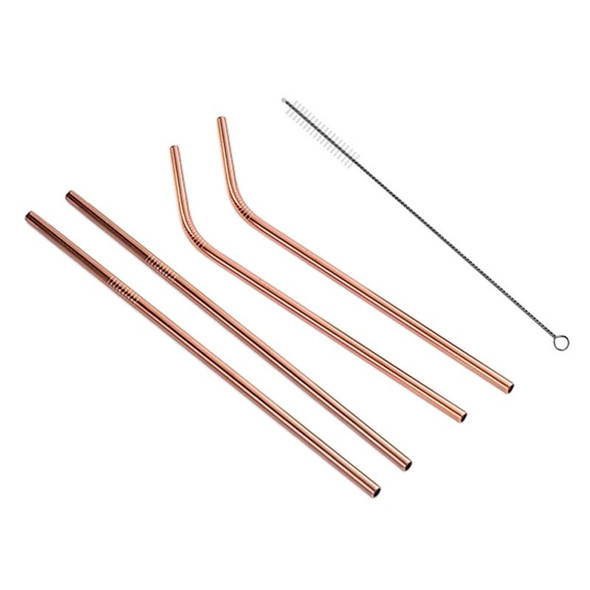 4 PCS Reusable Stainless Steel Drinking Straw + Cleaner Brush Set Kit,  215*6mm(Rose Gold)