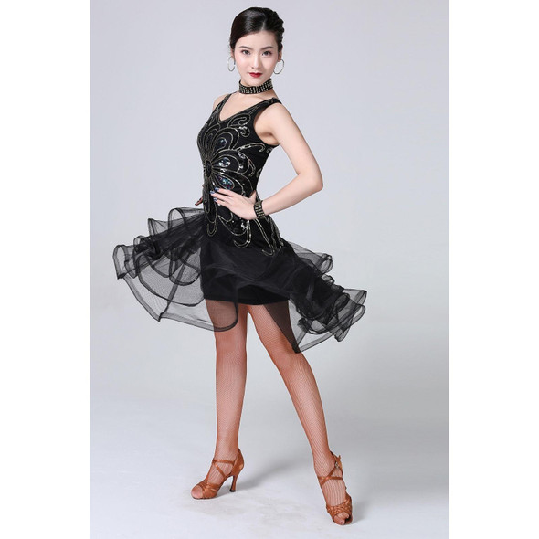 5 in 1 Sleeveless Latin Dance Dress + Collar + Separate Bottoms + Bracelets Set (Color:Black Size:XXL)