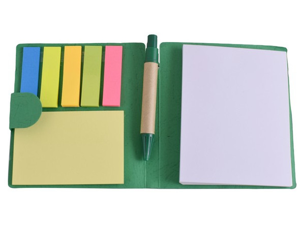 Compact Sticky Memo Notepad with Attached Pen - Green