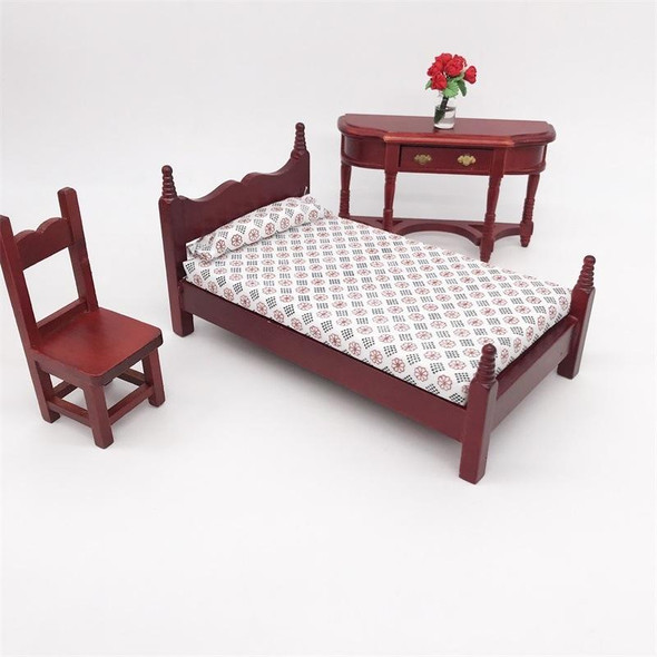 1:12 Mini House Toy Pocket Furniture Simulation Single Bed(Mahogany )