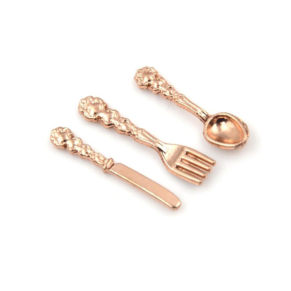 12 PCS / Set Simulation Kitchen Food Furniture Toys Dollhouse Miniature Accessories 1:12 Fork Knife Soup Spoon Tableware(Rose Gold)