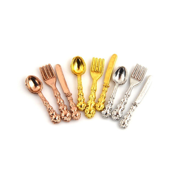 12 PCS / Set Simulation Kitchen Food Furniture Toys Dollhouse Miniature Accessories 1:12 Fork Knife Soup Spoon Tableware(Gold)