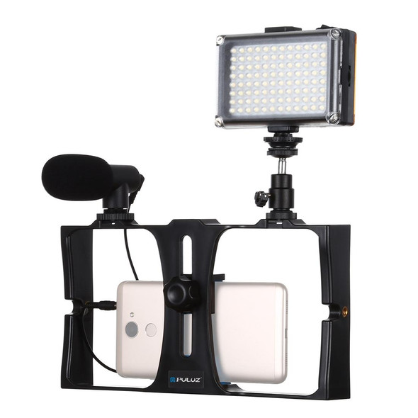 PULUZ 3 in 1 Vlogging Live Broadcast LED Selfie Light Smartphone Video Rig Kits with Microphone + Cold Shoe Tripod Head for iPhone, Galaxy, Huawei, Xiaomi, HTC, LG, Google, and Other Smartphones(Blue