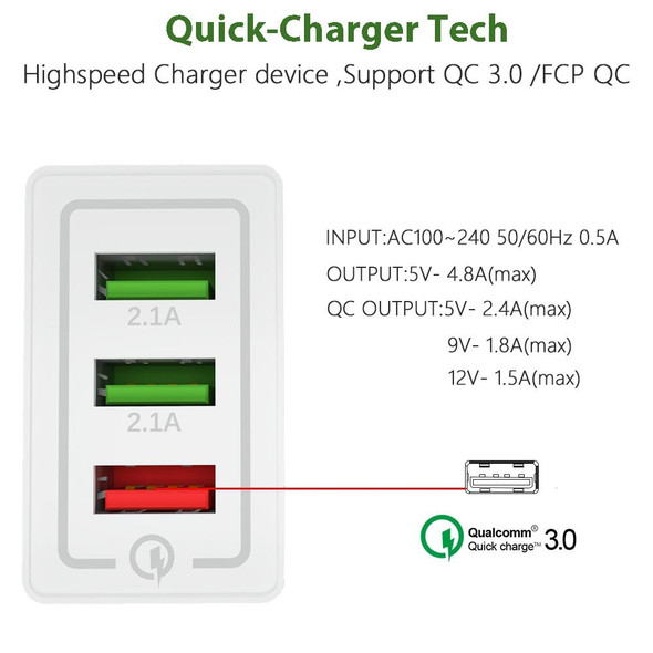 AR-QC-03 2.1A 3 USB Ports Quick Charger Travel Charger, US Plug (Grey)