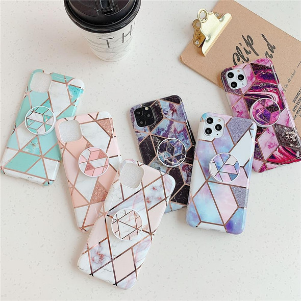 iPhone 11 Pro Plating Colorful Geometric Pattern Mosaic Marble TPU Mobile Phone Case with Folding Bracket(Green PF2)