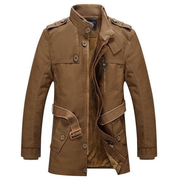Men Long Style Leather Jacket Coat (Color:Khaki Size:XXXL)