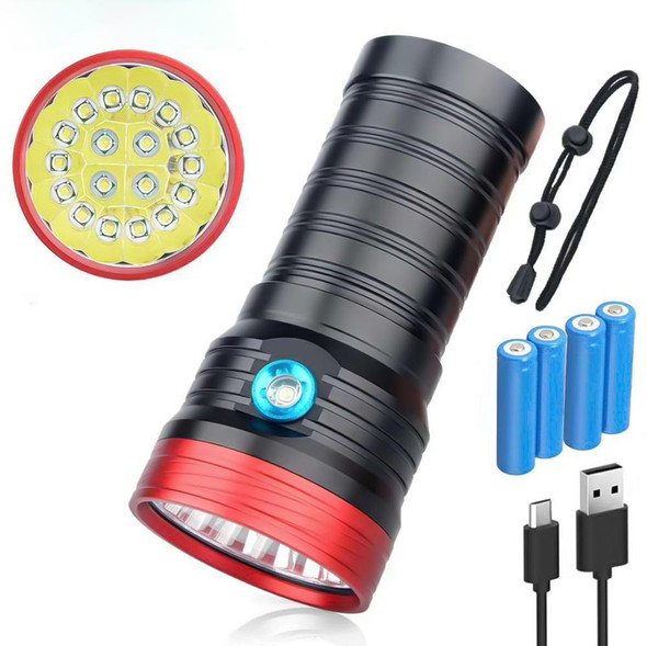 3 Gears, DB18 18xT6, Luminous Flux: 5400lm LED Flashlight, with 4 18650 Batteries (Red Black)