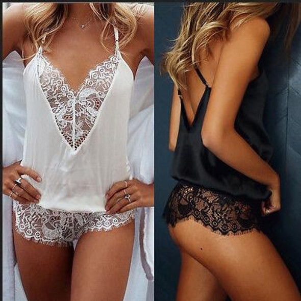 3 PCS Lace Hanging Neck Coveralls Deep V Exposed Cream Color Erotic Lingerie, Size:XXL(White)