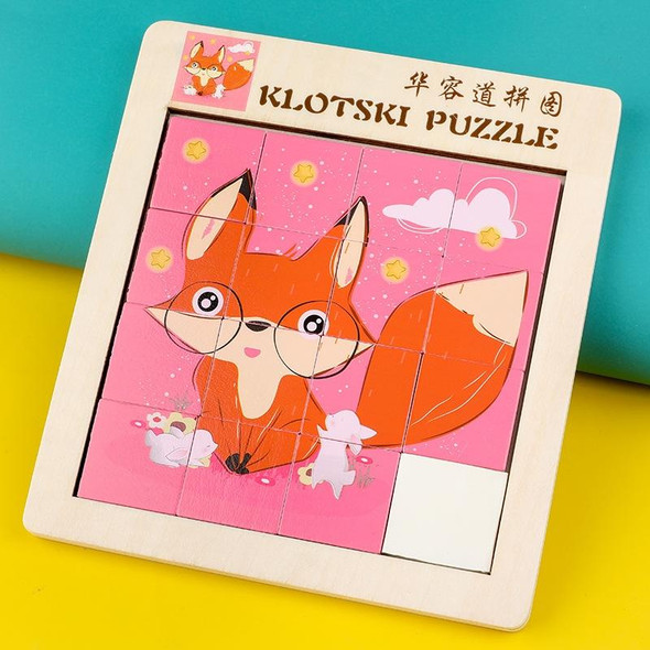 2 PCS Cartoon Animal Double-Sided Klotski Puzzle Children Wooden Toy Early Education Jigsaw Puzzle(Fox)