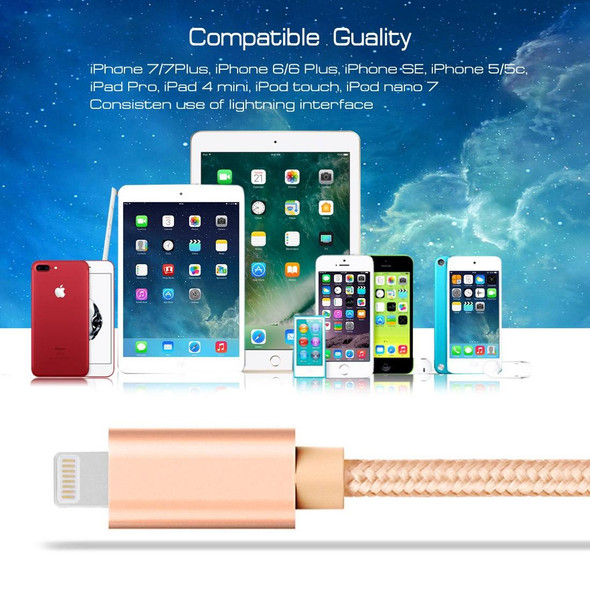 3A Woven Style Metal Head 8 Pin to USB Charge Data Cable, Cable Length: 2m(Gold)
