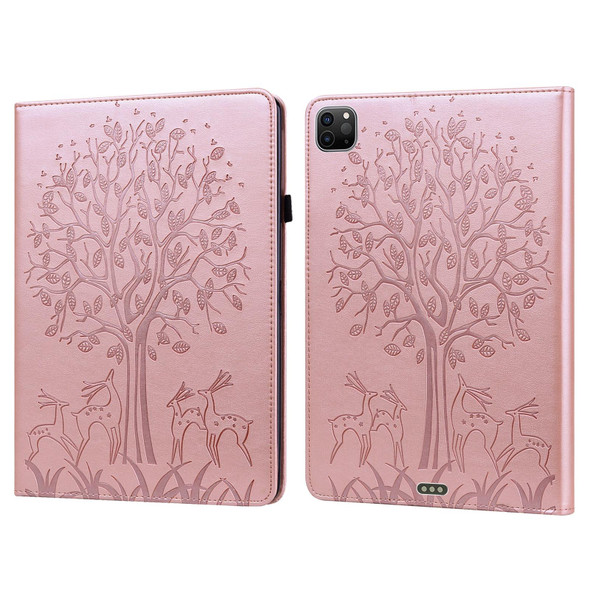 Tree & Deer Pattern Pressed Printing Horizontal Flip PU Leather Tablet Case with Holder & Card Slots & Sleep / Wake-up Function - iPad Air 2020 / Pro 11 2020(Pink)