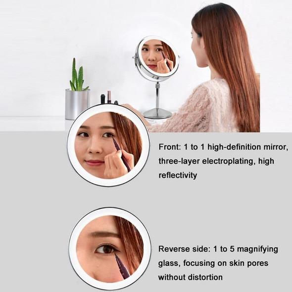 Desktop Double-SidedRound LED Luminous Makeup Mirror Liftable Magnifying Mirror, Specification:Plane + 5 Times Magnification(8-inch Rechargeable)