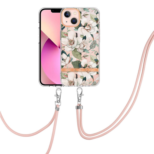 Flowers Series TPU Phone Case with Lanyard - iPhone 13(Green Gardenia)