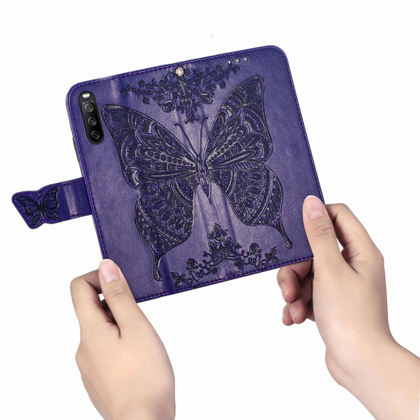 Sony Xperia 10 III Butterfly Love Flowers Embossed Horizontal Flip Leather Case with Holder & Card Slots & Wallet & Lanyard(Dark Purple)