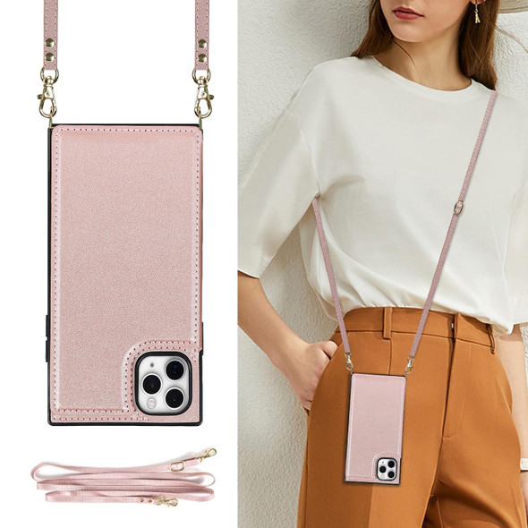 Cross-body Square Double Buckle Flip Card Bag TPU+PU Case with Card Slots & Wallet & Photo & Strap - iPhone 12 Pro Max(Rose Gold)