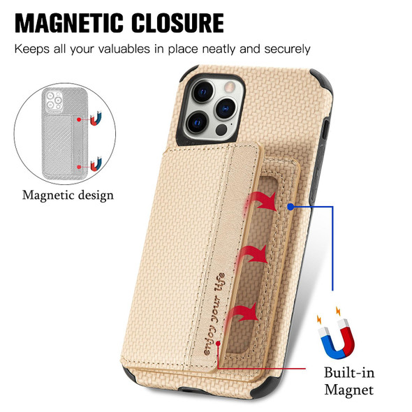 Carbon Fiber Magnetic Card Bag TPU+PU Shockproof Back Cover Case with Holder & Card Slot & Photo Frame - iPhone 11(Khaki)