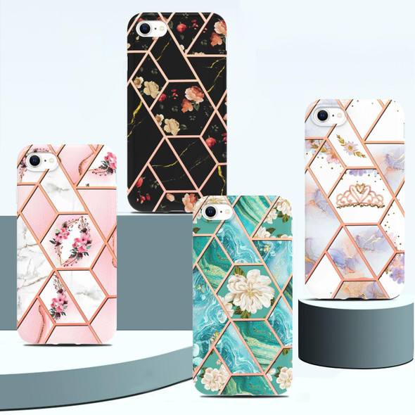 Electroplating Splicing Marble Flower Pattern TPU Shockproof Phone Case - iPhone SE 2022 / SE 2020 / 8 / 7(Pink Flower)