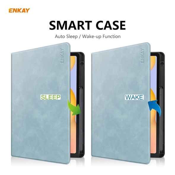ENKAY ENK-8025 Cow Texture PU Leatherette + TPU Smart Case with Pen Slot for Samsung Galaxy Tab S6 Lite P610 / P615 / Tab S6 Lite 2022 / P613 / P619(Sky Blue)