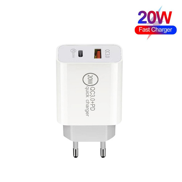 20W PD Type-C + QC 3.0 USB Interface Fast Charging Travel Charger with USB to Type-C Fast Charge Data Cable EU Plug