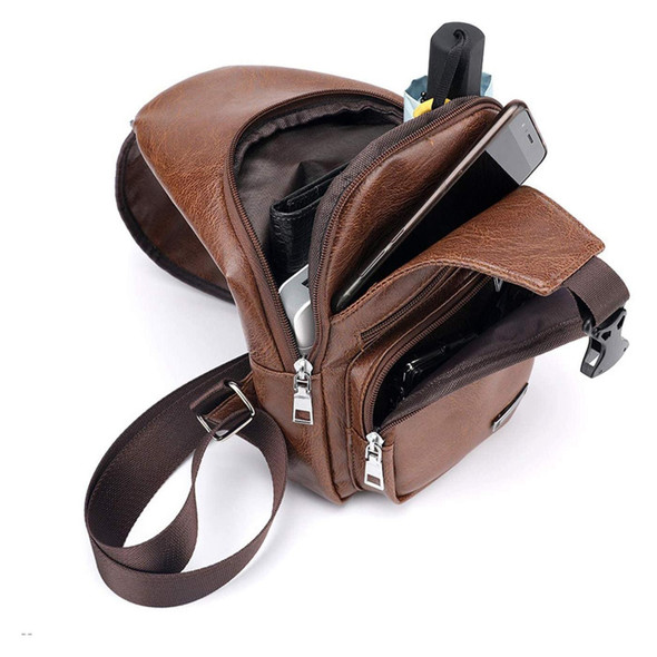 Waterproof Leisure PU Leather Single Shoulder Bag Men Chest Bag with USB Charging Port and Headphone Hole(Light Brown)